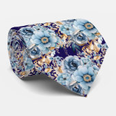 Navy Blauw Goud Bloemen Waterverf Bloemen Trouwen Stropdas (Opgerold)
