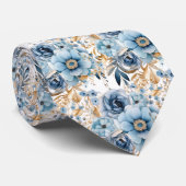 Navy Blauw Goud Bloemen Waterverf Bloemen Trouwen Stropdas (Opgerold)