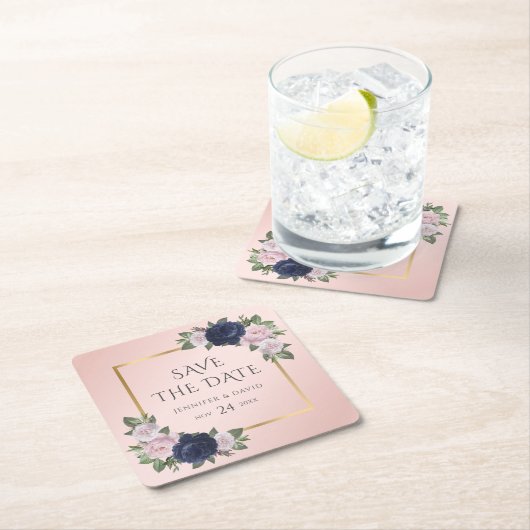 Navy Blauw Goud Blush Bruiloft Save The Date Kartonnen Onderzetters (Insitu)