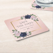 Navy Blauw Goud Blush Bruiloft Save The Date Kartonnen Onderzetters (Schuin)