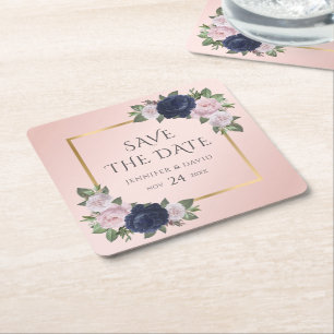 Navy Blauw Goud Blush Bruiloft Save The Date Kartonnen Onderzetters