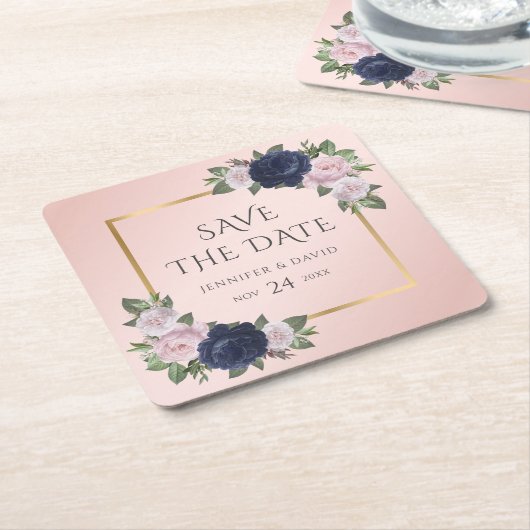 Navy Blauw Goud Blush Bruiloft Save The Date Kartonnen Onderzetters (Schuin)