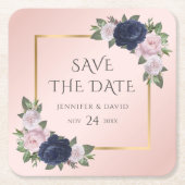 Navy Blauw Goud Blush Bruiloft Save The Date Kartonnen Onderzetters (Voorkant)