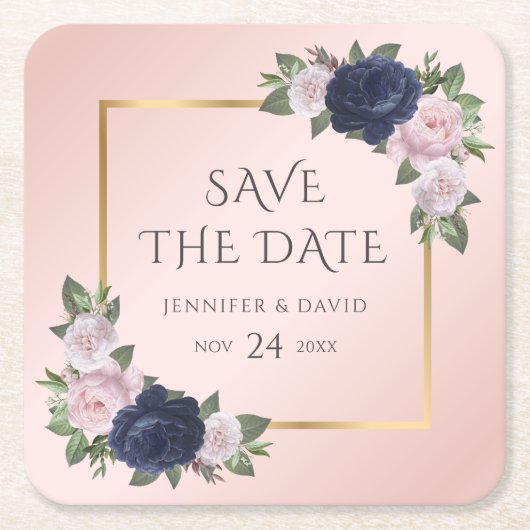 Navy Blauw Goud Blush Bruiloft Save The Date Kartonnen Onderzetters (Voorkant)