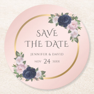 Navy Blauw Goud Blush Bruiloft Save The Date Ronde Kartonnen Onderzetter