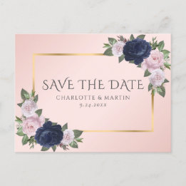 Navy Blauw Goud Blush Roze Bloemen Save The Date Aankondigingskaart