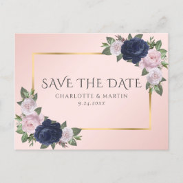 Navy Blauw Goud Blush Roze Bloemen Save The Date Aankondigingskaart