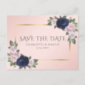 Navy Blauw Goud Blush Roze Bloemen Save The Date Aankondigingskaart (Voorkant)