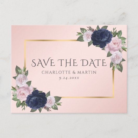 Navy Blauw Goud Blush Roze Bloemen Save The Date Aankondigingskaart (Voorkant)