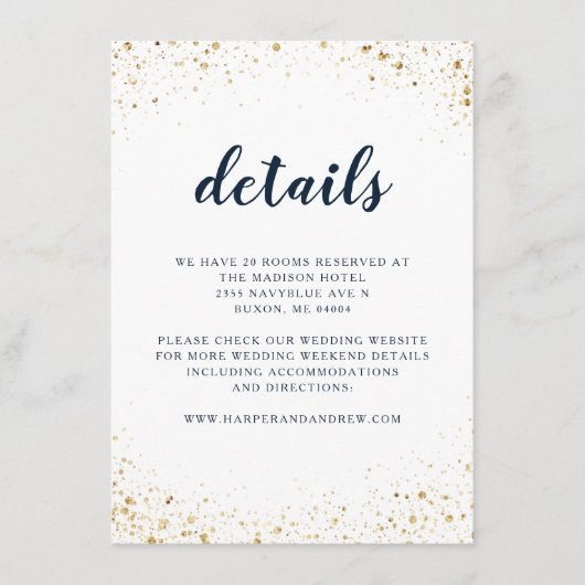 Navy Blauw Goud Bruiloft Details Informatiekaartje (Voorkant)