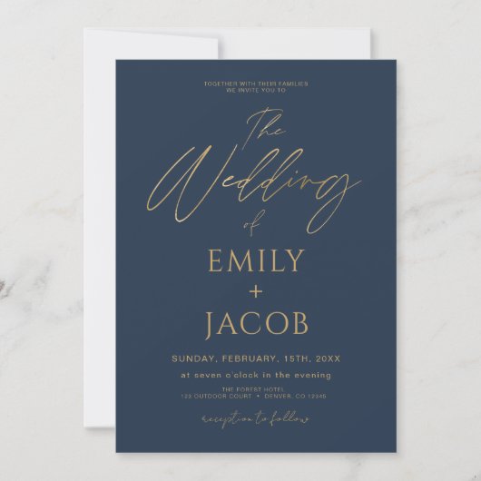 Navy Blauw Goud Bruiloft QR Code Fotoscript Kaart (Voorkant)