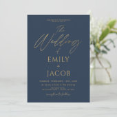 Navy Blauw Goud Bruiloft QR Code Fotoscript Kaart (Staand voorkant)