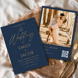 Navy Blauw Goud Bruiloft QR Code Fotoscript Kaart