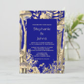 Navy Blauw Goud Bruin Paddestoel Woodland bruiloft Kaart (Staand voorkant)