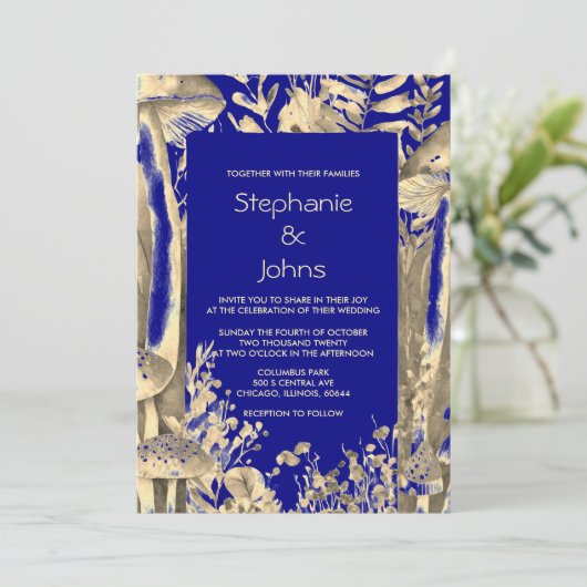 Navy Blauw Goud Bruin Paddestoel Woodland bruiloft Kaart (Staand voorkant)