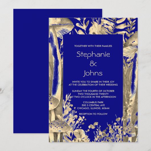 Navy Blauw Goud Bruin Paddestoel Woodland bruiloft Kaart (Voorkant / Achterkant)