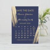 Navy Blauw Goud Brushstrokes Kalender Bruiloft Save The Date (Staand voorkant)