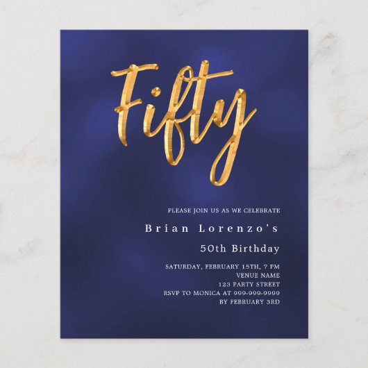 Navy blauw goud budget 50e verjaardag uitnodiging (Voorkant)