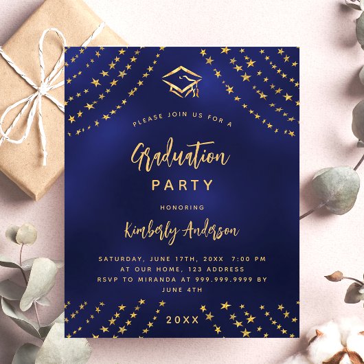 Navy blauw goud budget graduatie party uitnodiging flyer