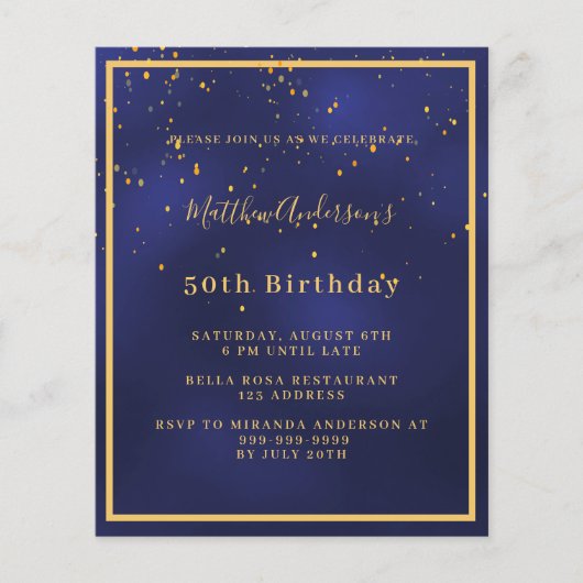 Navy blauw goud budget verjaardagsuitnodiging (Voorkant)