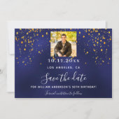 Navy blauw goud confetti foto verjaardag save the date (Voorkant)