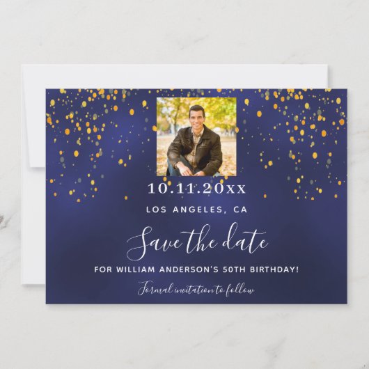 Navy blauw goud confetti foto verjaardag save the date (Voorkant)