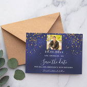 Navy blauw goud confetti foto verjaardag save the date