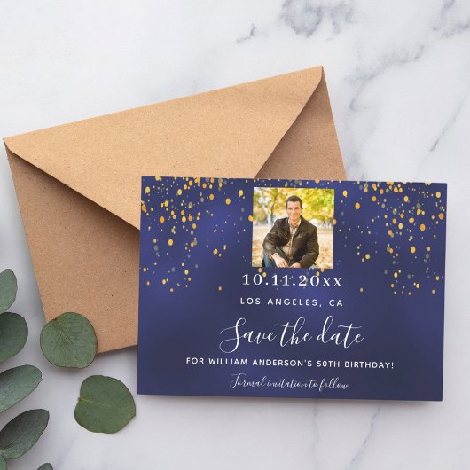 Navy blauw goud confetti foto verjaardag save the date