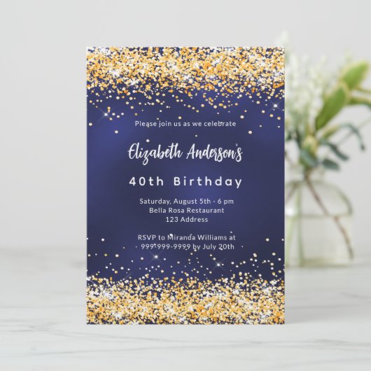 Navy blauw goud confetti premium verjaardag kaart (Staand voorkant)