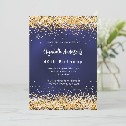 Navy blauw goud confetti verjaardag kaart (Staand voorkant)