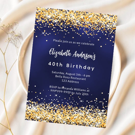 Navy blauw goud confetti verjaardag kaart