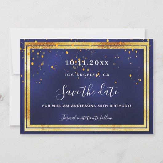 Navy blauw goud confetti verjaardag save the date (Voorkant)