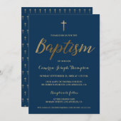Navy Blauw Goud Cross Custom Baby jongen Doop Kaart (Voorkant / Achterkant)