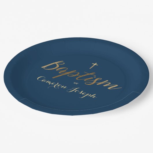 Navy Blauw Goud Cross Custom Baby jongen Doop Papieren Bordje (Gekanteld)