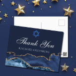 Navy Blauw Goud Custom Bat Mitzvah Dank u Briefkaart<br><div class="desc">Elegante marineblauw en gouden agaat versiert de zijkant van deze moderne vleermuis Mitzvah dank u briefkaart. Mazel Tov. Pas aan met jouw naam onder de Davidster. Perfect briefkaart voor een chique,  stijlvolle joodse familie die een meisje dat wordt geroepen om de Thora vieren.</div>