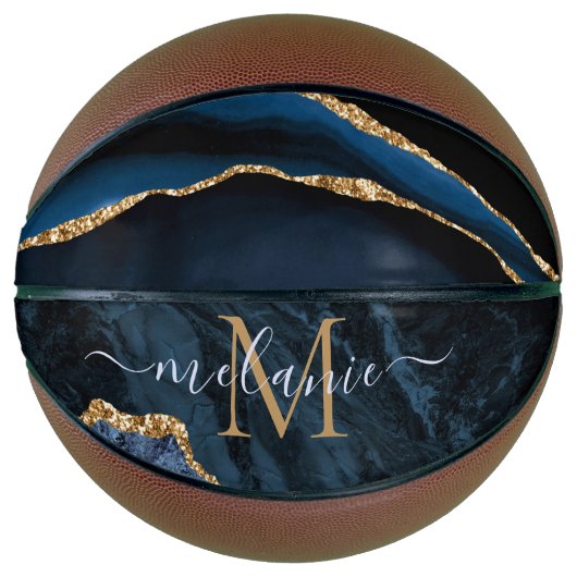 Navy Blauw Goud Custom Letter Naam Basketbal (Voorkant)