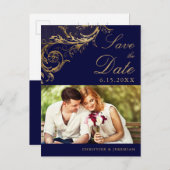 Navy Blauw Goud Damask Foto Save the Date Aankondigingskaart (Voorkant / Achterkant)