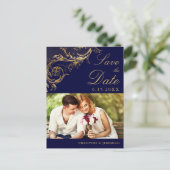 Navy Blauw Goud Damask Foto Save the Date Aankondigingskaart (Staand voorkant)