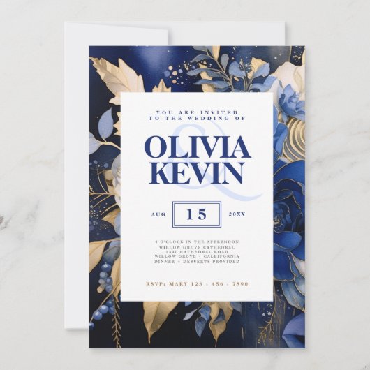 Navy blauw & goud elegante bruiloft bloemenversier kaart (Voorkant)