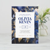 Navy blauw & goud elegante bruiloft bloemenversier kaart (Staand voorkant)