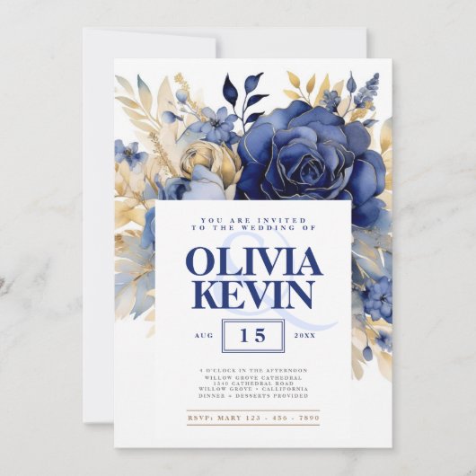 Navy blauw & goud elegante bruiloft bloemenversier kaart (Voorkant)