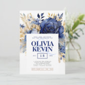 Navy blauw & goud elegante bruiloft bloemenversier kaart (Staand voorkant)