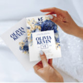 Navy blauw & goud elegante bruiloft bloemenversier kaart