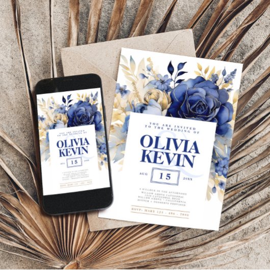 Navy blauw & goud elegante bruiloft bloemenversier kaart