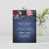 Navy Blauw Goud en Rood Bloemen Bruiloft Informati Informatiekaartje (Staand voorkant)