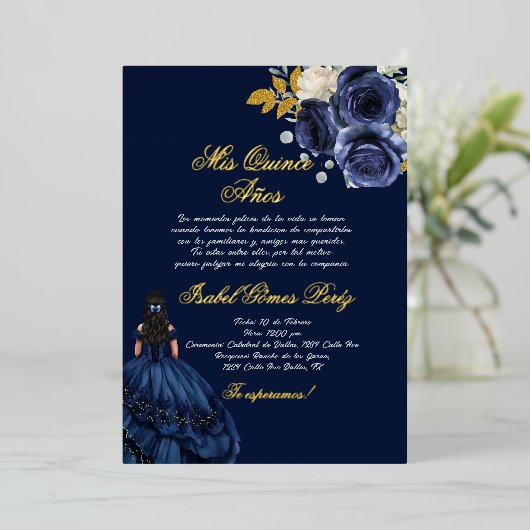 Navy blauw goud folie quinceañera folie uitnodiging (Staand Voorkant)
