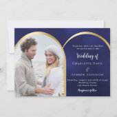 Navy blauw goud foto boog bruiloft kaart (Voorkant)