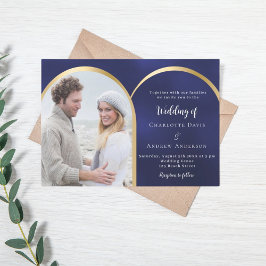 Navy blauw goud foto boog bruiloft kaart