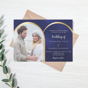 Navy blauw goud foto boog bruiloft kaart