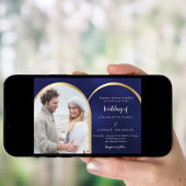 Navy blauw goud foto boog bruiloft kaart
